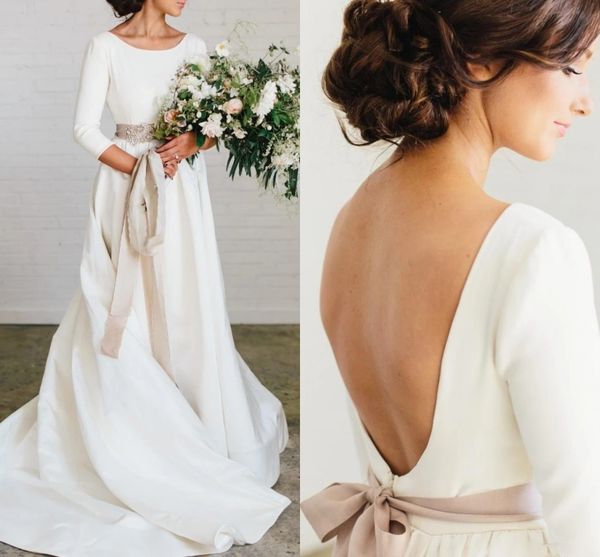 

2021 simple boho wedding gowns 3/4 long sleeve country garden jewel neck beaded sash bridal dress backless sweep train satin a line marriage, White