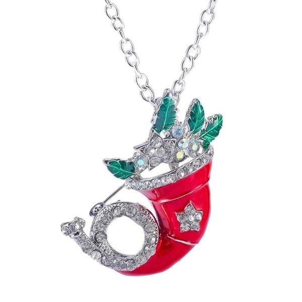 

pendant necklaces christmas gift enamel rhinestone leaf french horn necklace for women xmas jewelry, Silver