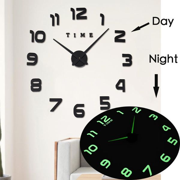 

wall clocks 3d clock luminious watch horloge diy acrylic mirror stickers luminova quartz reloj de pared