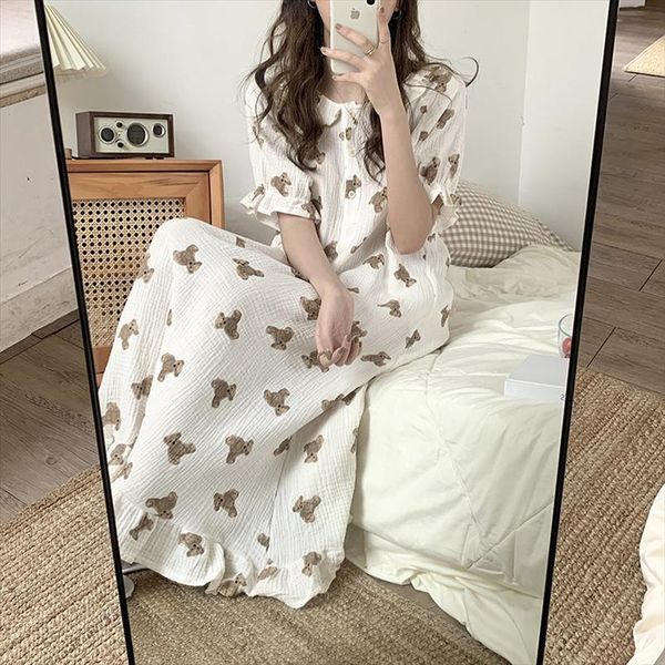 

bear cartoon print summer nightgown women sleepwear korean soft cotton long short sleeve ruffles nightdress buttons kawaii homewear, Black;red