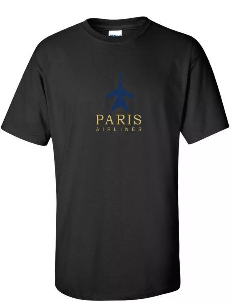 

paris airlines blue gold logo french aviation black cotton t-shirt, White;black