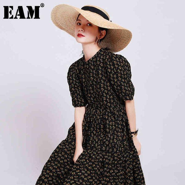 

[eam] women pattern printed long elegant dress round neck short puff sleeve loose fit fashion spring summer 1u785 210512, Black;gray