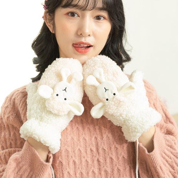 

five fingers gloves style lovely winter warm thicken mittens double layer lamb velvet female comfortable cute hanging neck thick, Blue;gray
