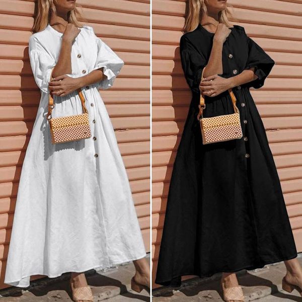

casual dresses lantern sleeve linen woman dress solid v-neck buttons cardigan long half ankle-length maxi vestidos de verano, Black;gray