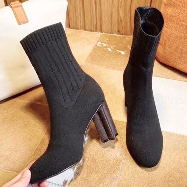 

women silhouette ankle boot martin boots winter stretch fabric bootie warn botas high heel print flower heels ladies casual shoes with box, Black