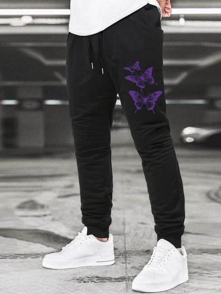 

men butterfly print drawstring waist sweatpants l8ry#, Black