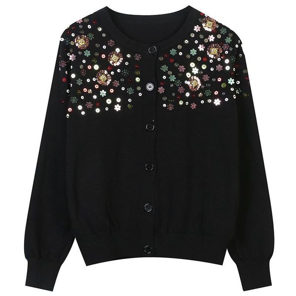 

women's knits & tees 2021winter round neck long sleeve contrast color sequined flower embroidered slim temperament knitted cardigan, White