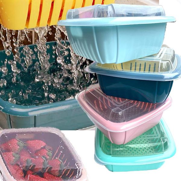 

storage bottles & jars plastic drain basket, kitchen vegetable double layer box with lid, fruit basket