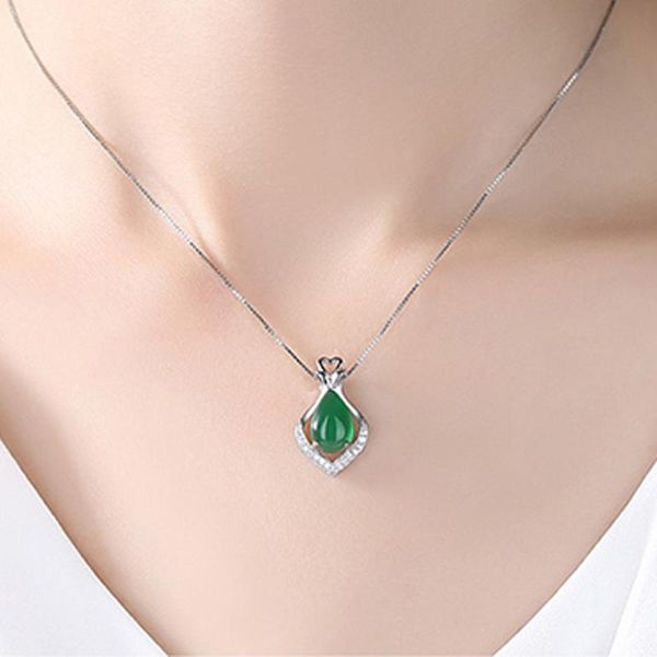 

pendant necklaces sterling silver green gemstone chalcedony agate necklace girl's day gift