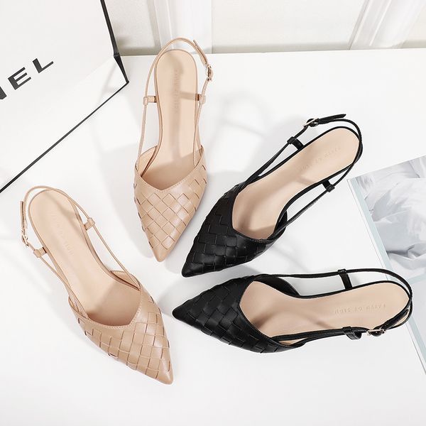 

autumn leather woman pumps thin high heel pointed toe solid weave elegant party slingbacks women heels shoes 210520, Black
