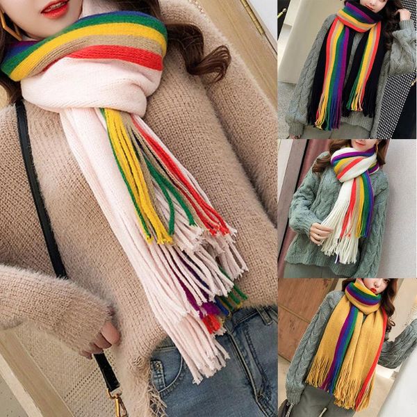 

cycling caps & masks ly warm rainbow women girl scarves shawl wraps tassel long knitted scarf gift multifunction sd669, Black