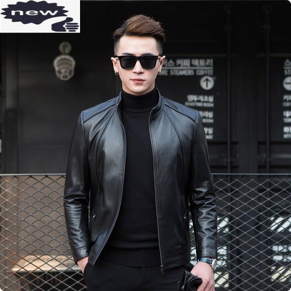 

men's leather & faux arrival autumn mens casual sheepskin genuine jackets fashion coat for male motorcycle blouson cuir homme, Black