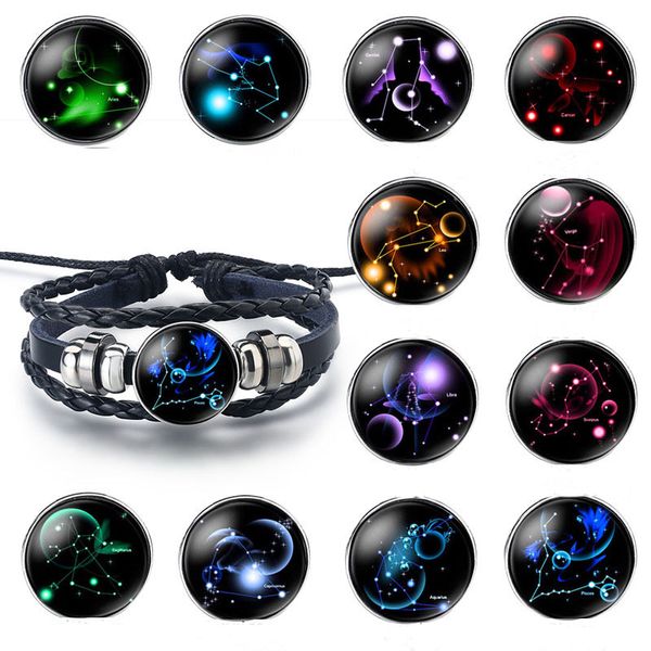 12 teile/los Sternzeichen Konstellation Charme Armband Männer Frauen Mode Multilayer Weben leder Armband Armreif Geburtstag Geschenke