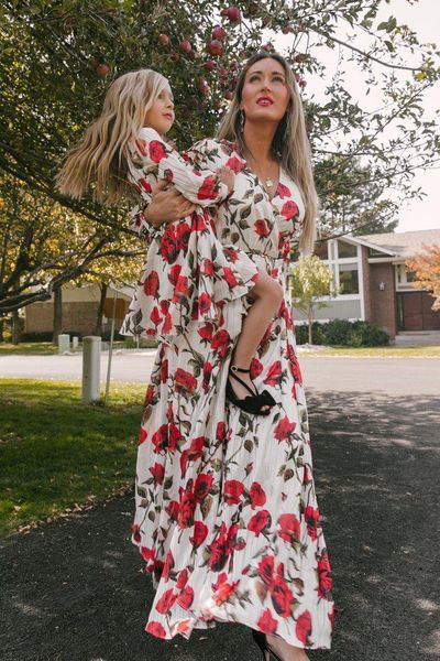 

casual dresses y2k leisure printing mother and daughter suit floral bow tie dress parent-child long-sleeved large-hem chiffon, Black;gray