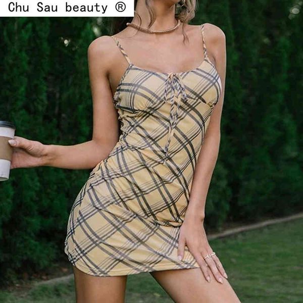 

summer vintage plaid spaghetti strap dress v-neck lace-up slim short vestido female zipper fashion 210508, Black;gray