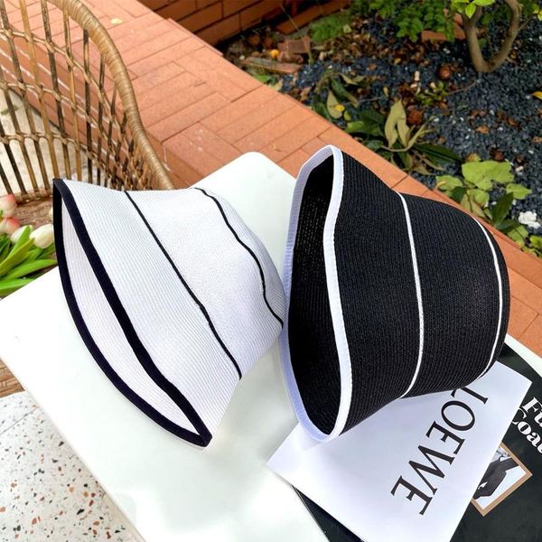 

wide brim hats 2021 japanese stitching black white paper straw hat female summer bucket anti-uv elegant basin fedora sun quality, Blue;gray