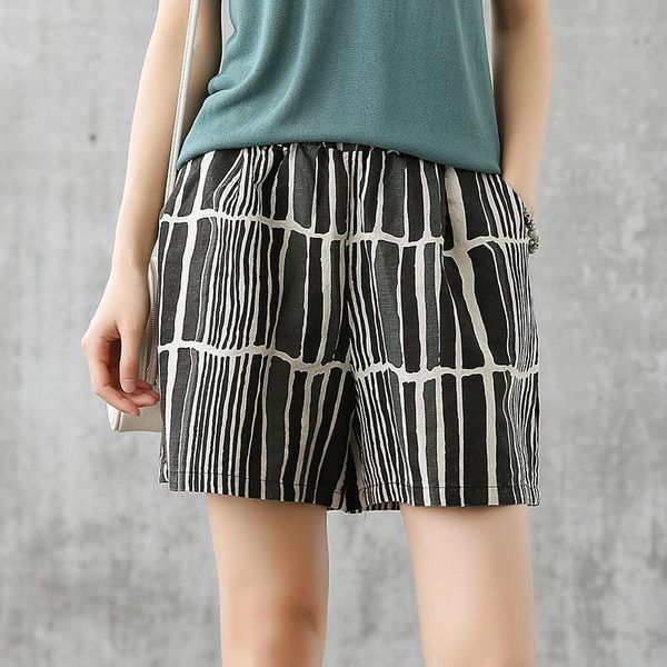 

pocket shorts women summer thin streetwear casual high elastic waist stripe linen feminino loose women's, White;black