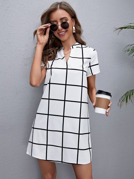 

notched neck grid tunic dress e2tt#, Black;gray