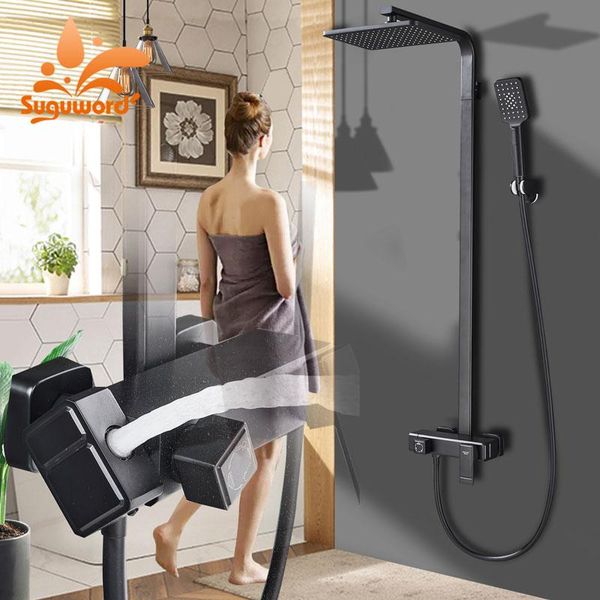 

chrome black shower combo set new design rainfall shower head abs hand cold mixer faucets rotation spout