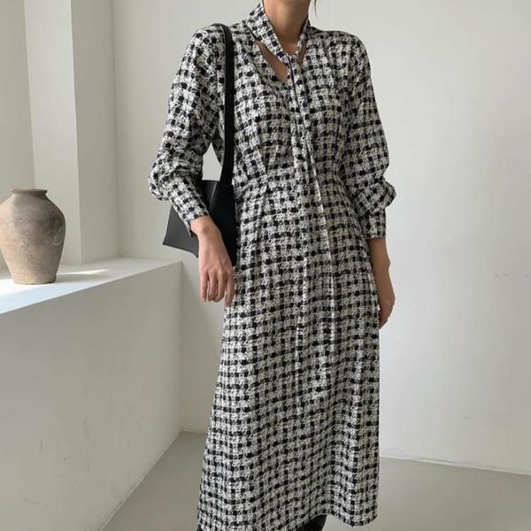 

casual dresses 2021 minimalist autumn dress women vintage classic black and white print elegant ol work wear long vestidos, Black;gray