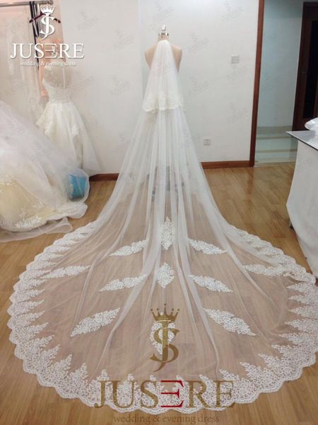 

bridal veils jusere fabulous lace appliques edge around 3m two layers tulle cathedral with comb long iovry wedding veil, Black