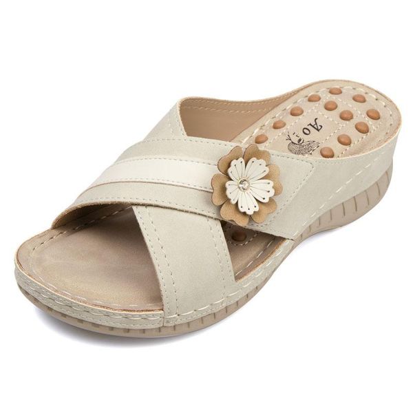

woman slippers pu leather flower sandals holiday leisure beach shoes light weight cozy home chunky platform shoe, Black