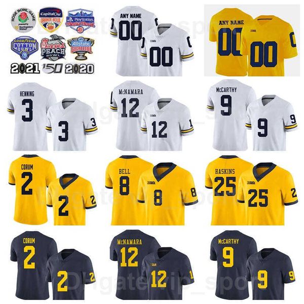 NCAA College Football Michigan Wolverines Jersey 12 Cade McNamara 9 JJ McCarthy 2 Blake Corum 3 AJ Henning 25 Hassan Haskins 8 Ronnie Bell University Azul Marinho Branco