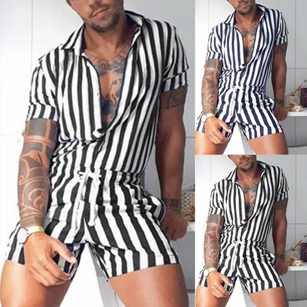 

fashion jumpsuit outside home mens tracksuit style pants stripe short sleeve rompers streetwear arrived loose slim sets, Gray