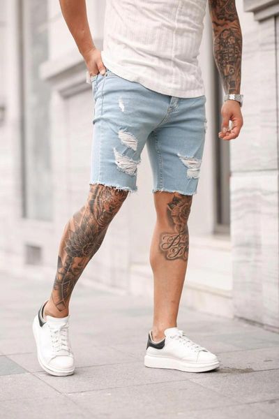 

men's jeans hawaii ripped shorts summer fashion casual high street quality trend american denim 2021, Blue