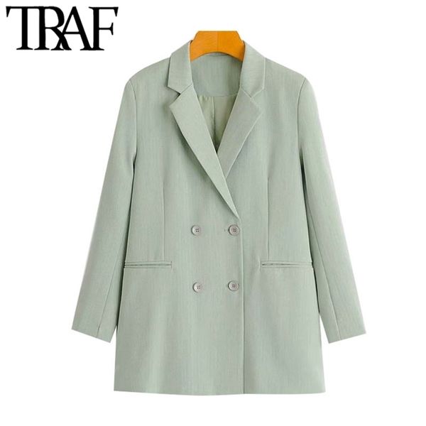 

traf women fashion office wear double breasted blazer coat vintage long sleeve pockets female outerwear chic 211122, White;black