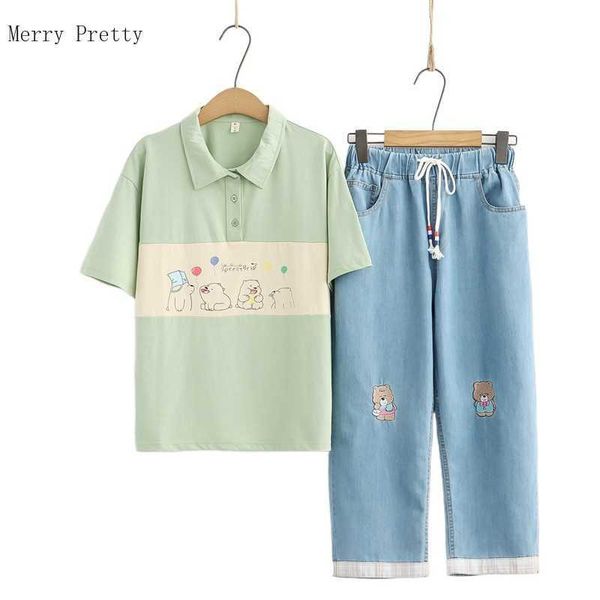 

women casual pant sets short sleeve turndown collar cotton t shirts and cartoon embroidery denim pants summer 2 piece set 210526, White