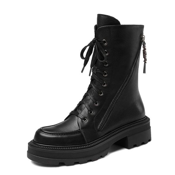 

boots luxury women motorcycle genuine leather side zipper chunky heels platform ladies casual concise fashion shoes, Black
