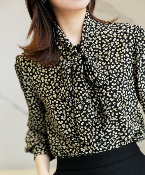 

shirt 2021 autumn and winter floral bow silk women blouse gicn, White