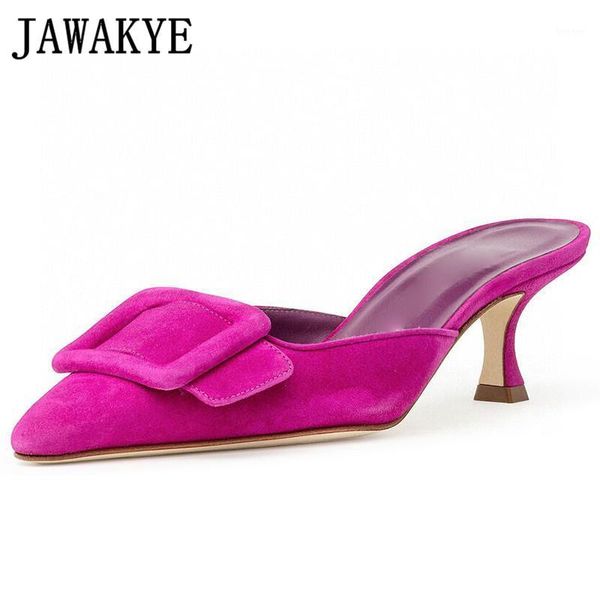 

real suede leather ladies slippers kitten heel pointed toe sandals designer mules shoes woman rose pink outdoor dress slippers1, Black
