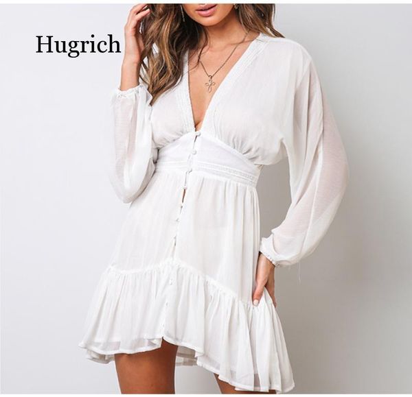 

plunge v neck women's spring summer dress white lace long sleeve mini party ruffle elegant clothing 2021 casual dresses, Black;gray