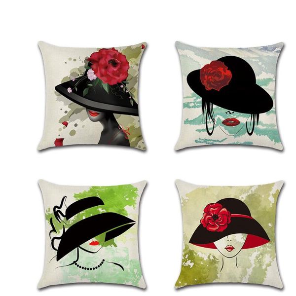 

cushion/decorative pillow 45cm*45cm wear a hat woman self portrait hand painted linen throw covers couch cushion cover home decor