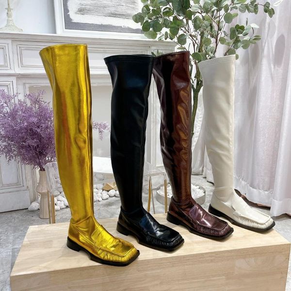 

boots autumn and winter women square toe zipper ladies solid genuine leather over the knee botas de mujer designer shoes, Black