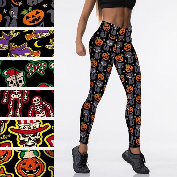 

women's leggings qickitout 12% spandex halloween miko pumpkin skull high waist digital printed legging women fitness, Black