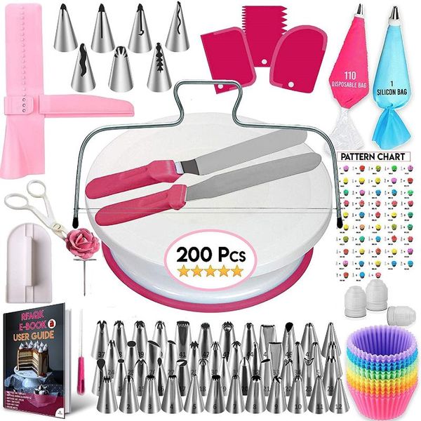 

baking & pastry tools patisserie outils accessoires blue non-slip turntable 200pcs set 48 small nozzles 11 bags 2 spatula 20 cake cups, etc.