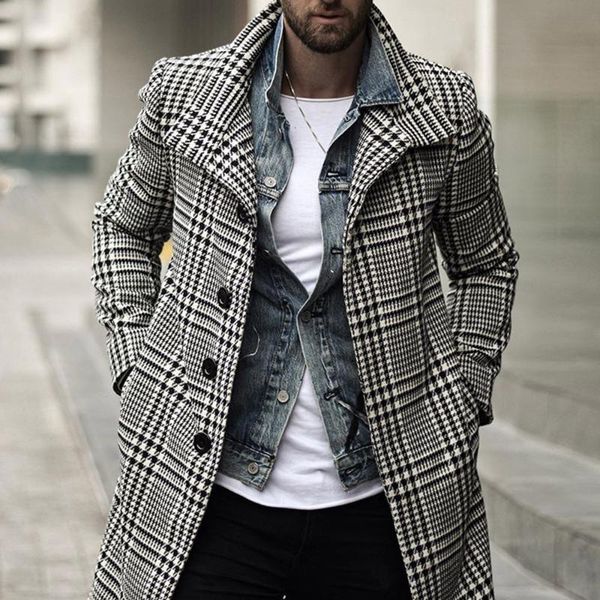 

men's trench coats 2021 plaid coat men european retro fashion single breasted casual black long winter outwear overcoat, Tan;black