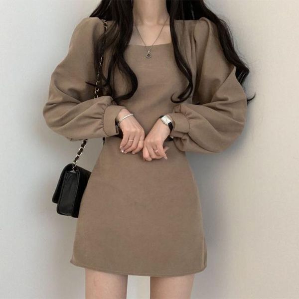 

[ewq] 2021 spring female casual black khaki square collar solid color puff long sleeve minimalist high waist a-line dress 8q901 dresses, Black;gray