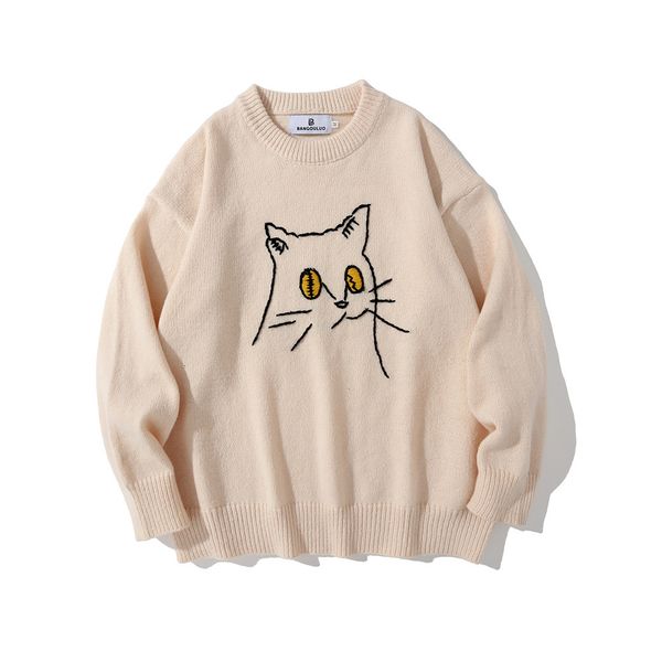 

men's sweaters autumn cartoon cat embroidery men harajuku knitted cotton round neck casual pullover mens fashion loose 1kq3, White;black