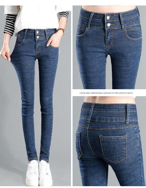 

women's jeans women high waist pencil elegant skinny pockets spring autumn zipper denim pants lady slim casual trousers, Blue