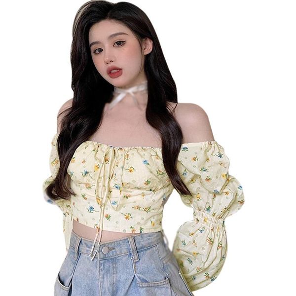 

women's blouses & shirts efinny korean fashion women floral short blouse female chest straps long sleeve summer flower printed, White