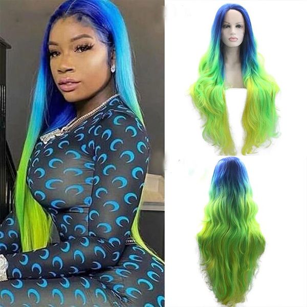 

synthetic wigs long nature straight blue green yellow wave lace front wig with roots half hand tied multi color rainbow, Black