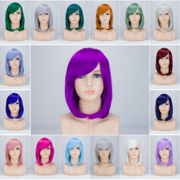 

cosplay animation color women's short straight hair bobo head wig set 24 colors, Black