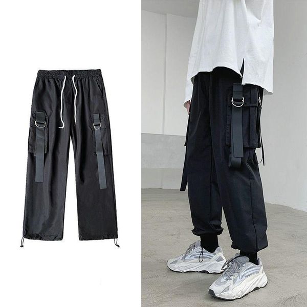 

men's pants 2021 joggers cargo for men casual hip hop pocket male trousers sweatpants streetwear ribbons, Black