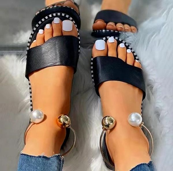 

sandals fashion summer woman sandalias plus size slippers casual shoes flat one-strap light flats women mujer sapato feminino, Black