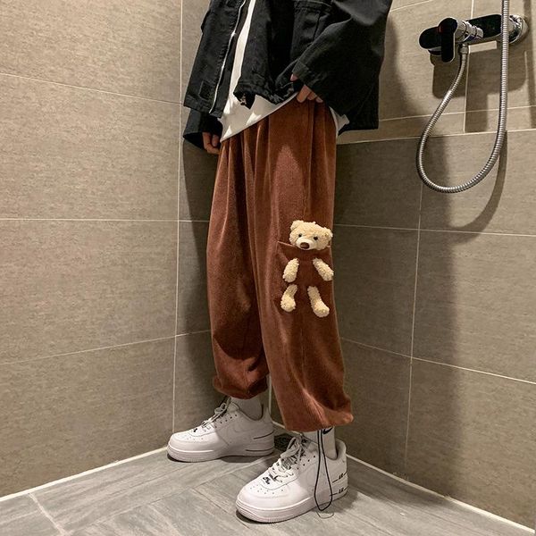 

trendy loose corduroy bear guard pants spring and autumn male ins hong kong wind all-match casual street wear men's, Black