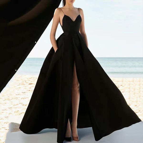 

solid color formal summer womens dresses wedding guest v neck evening party sleeveless plus size, Black;gray